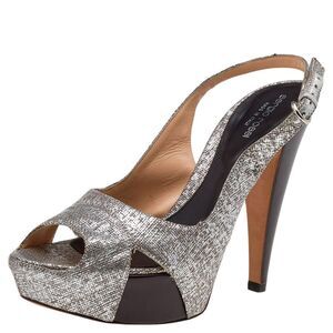 Sergio Rossi Silver Textured Leather Platform Slingback Sandals Size 40